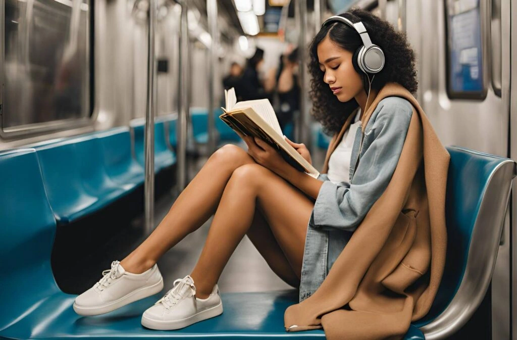 Μια μοντέρνα κοπέλα με ακουστικά διαβάζει ενα βιβλίο μέσα στο μετρό