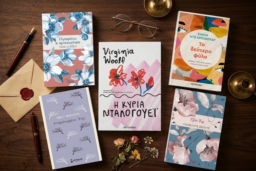 Austen, Brontë, Woolf και de Beauvoir σε σκούρο ξύλινο γραφείο με πένα