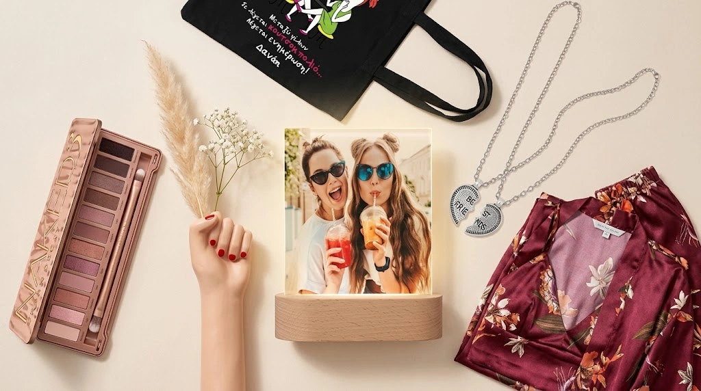 Δώρα για κολλητή σε flat lay σύνθεση: φωτιζόμενο κάδρο με φωτογραφία φίλων, κολιέ φιλίας με καρδιά, παλέτα σκιών Naked3, σατέν ρόμπα και προσωποποιημένη tote bag