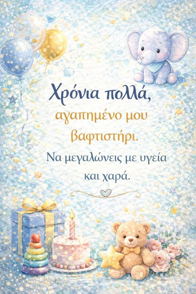 Ευχές για γενέθλια βαφτισιμιού. Χρόνια πολλά, αγαπημένο μου βαφτιστήρι. Να μεγαλώνεις με υγεία και χαρά.