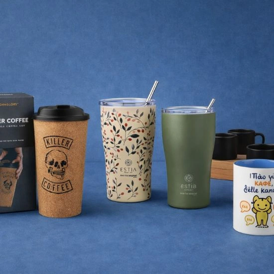 Κούπες, φλυτζάνια και θερμός καφέ