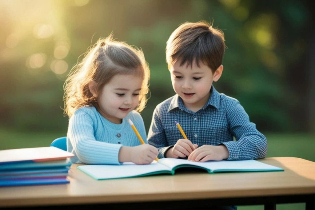 Ένα αγόρι και ενα κορίτσι κάνουν τα μαθηματα τους 
