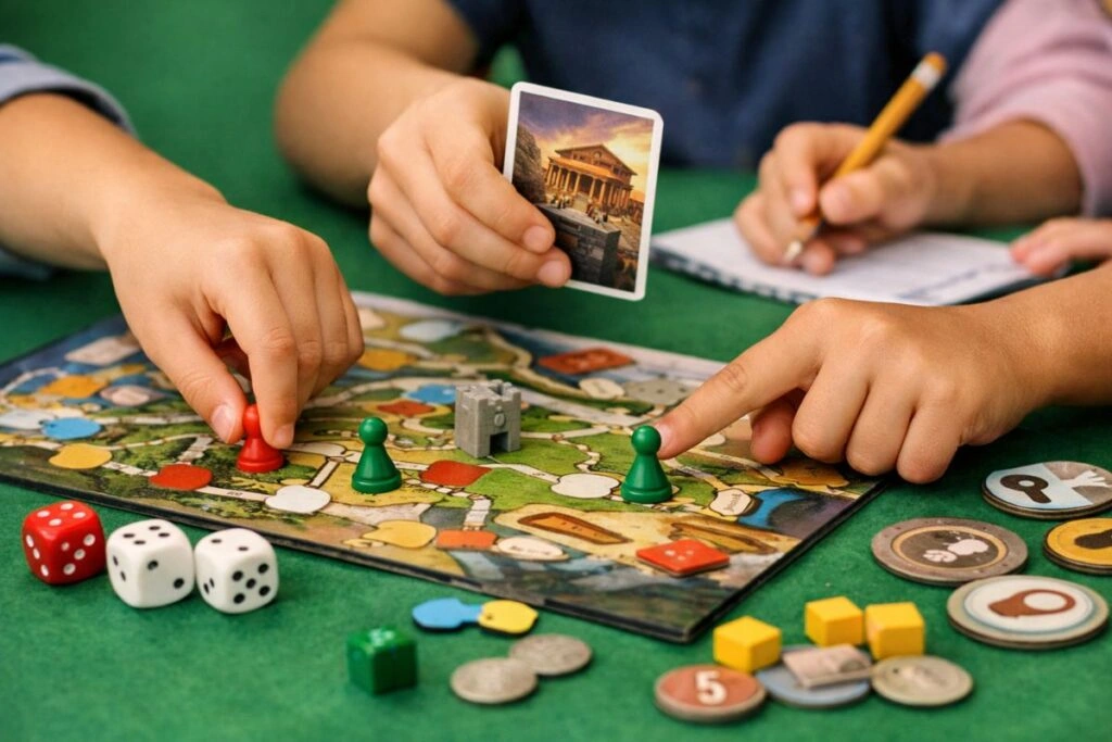 Κοντινό πλάνο με χέρια παιδιών που παίζουν επιτραπέζιο παιχνίδι πάνω σε πράσινο τραπέζι, μετακινούν πιόνια και κρατούν κάρτα.