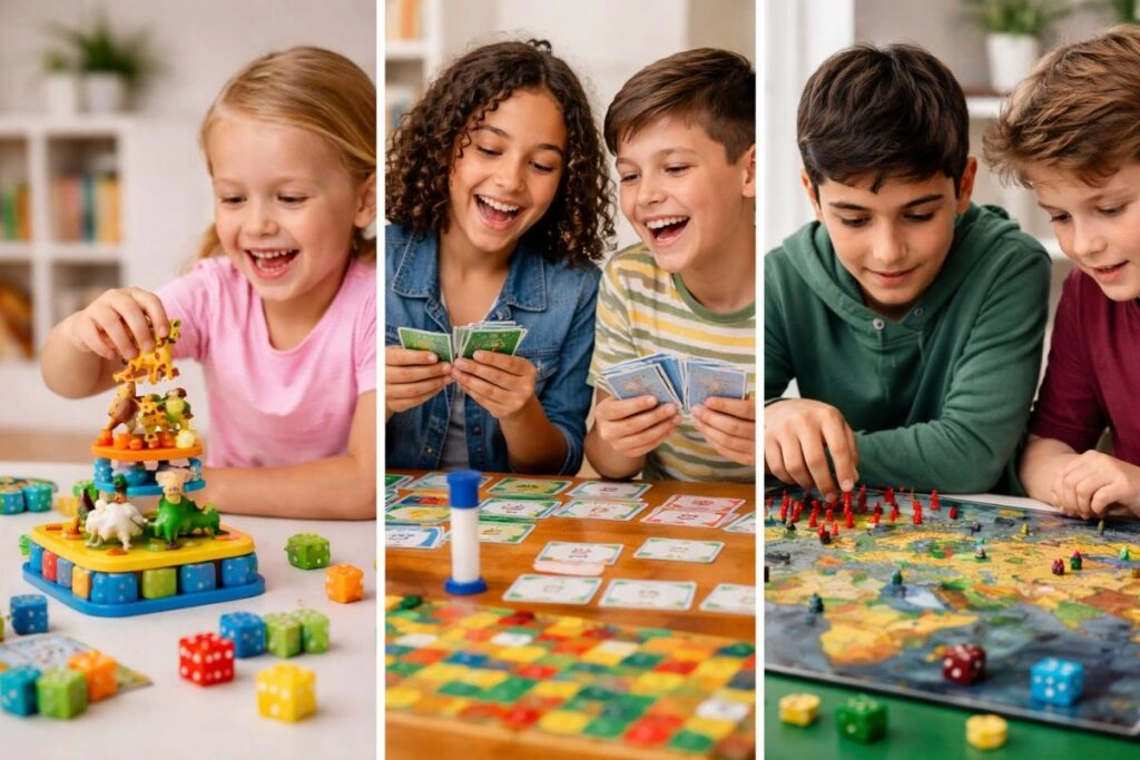 Κολάζ σε τρεις ζώνες με παιδιά διαφορετικών ηλικιών που παίζουν επιτραπέζια, από απλό χρωματιστό παιχνίδι μέχρι κάρτες και πιο στρατηγικό επιτραπέζιο.