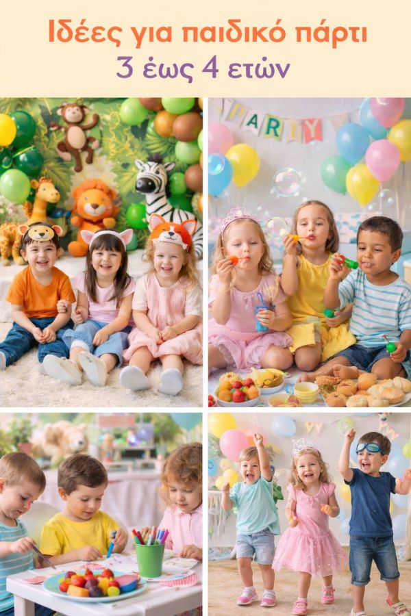 idees gia paidiko parti 3 eos 4 eton sto spiti Κολάζ με ιδέες για παιδικό πάρτι 3 έως 4 ετών στο σπίτι, με ζωάκια, φούσκες, ζωγραφική και απλό χορευτικό παιχνίδι σε ήρεμο και χαρούμενο κλίμα