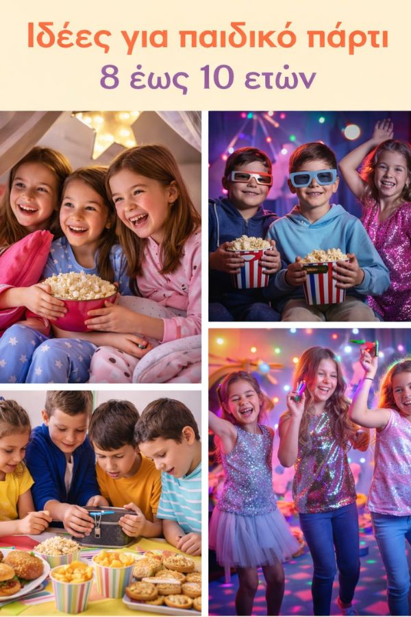 idees gia paidiko parti 8 eos 10 eton sto spiti Κολάζ με ιδέες για παιδικό πάρτι 8 έως 10 ετών στο σπίτι με πιτζάμα πάρτι, μίνι σινεμά, escape παιχνίδια και ντίσκο δραστηριότητες