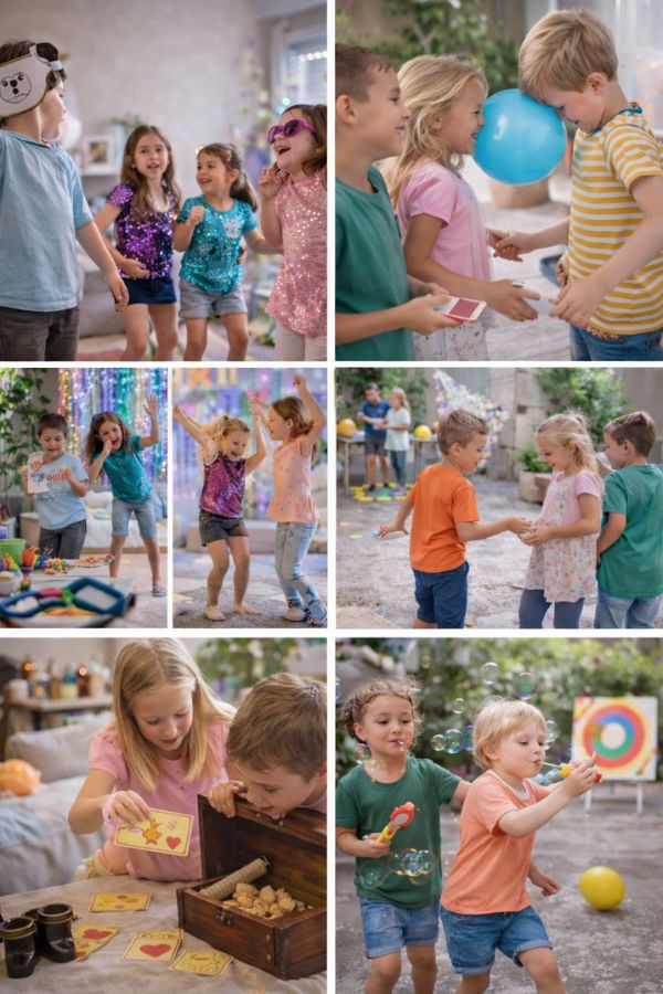 paidika party paixnidia analoga me ton xoro sto spiti Κολάζ με παιδιά που παίζουν διαφορετικά παιχνίδια σε μικρό σπίτι, σαλόνι και αυλή, με δραστηριότητες προσαρμοσμένες στον διαθέσιμο χώρο