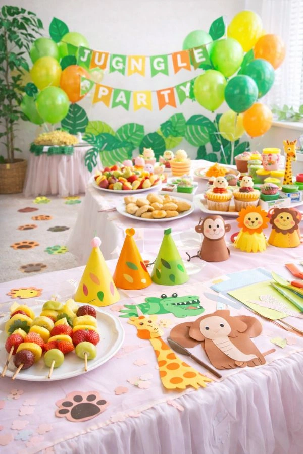 paidiko party me thema ti zougkla i ta zoakia sto spiti Παιδικό πάρτι στο σπίτι με θέμα τη ζούγκλα, πράσινη διακόσμηση, ζωάκια, φρουτοσουβλάκια και χειροτεχνίες για παιδιά