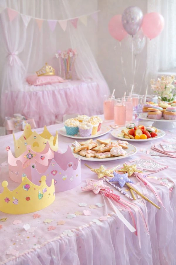 paidiko party me thema tis prigkipisses sto spiti Παιδικό πάρτι στο σπίτι με θέμα τις πριγκίπισσες, παστέλ διακόσμηση, χάρτινες κορώνες, ραβδάκια και γλυκό μπουφέ