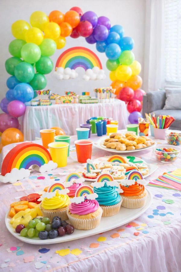 paidiko party me thema to ouranio toxo sto spiti Παιδικό πάρτυ στο σπίτι με θέμα το ουράνιο τόξο, πολύχρωμα μπαλόνια, cupcakes, φρούτα και χαρούμενη διακόσμηση