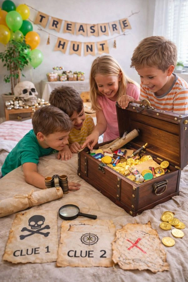 party me kynigi thisavrou sto spiti gia paidia Παιδικό πάρτυ στο σπίτι με κυνήγι θησαυρού, παιδιά που ανοίγουν μπαούλο θησαυρού με στοιχεία, χάρτη και μικρές εκπλήξεις