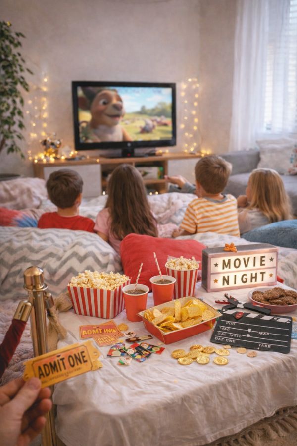 party mini sinema sto spiti gia paidia Παιδικό πάρτυ μίνι σινεμά στο σπίτι με μαξιλάρες, κουβέρτες, παιδιά που βλέπουν ταινία, popcorn και cosy ατμόσφαιρα