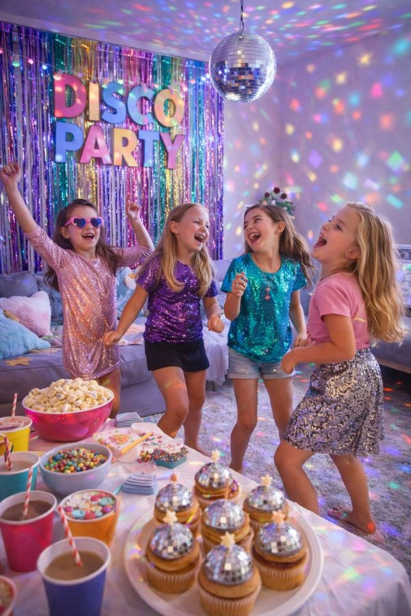 party ntisko sto spiti gia paidia Παιδικό πάρτυ ντίσκο στο σπίτι με disco ball, πολύχρωμα φώτα, χορό, γλυκά και χαρούμενη ατμόσφαιρα