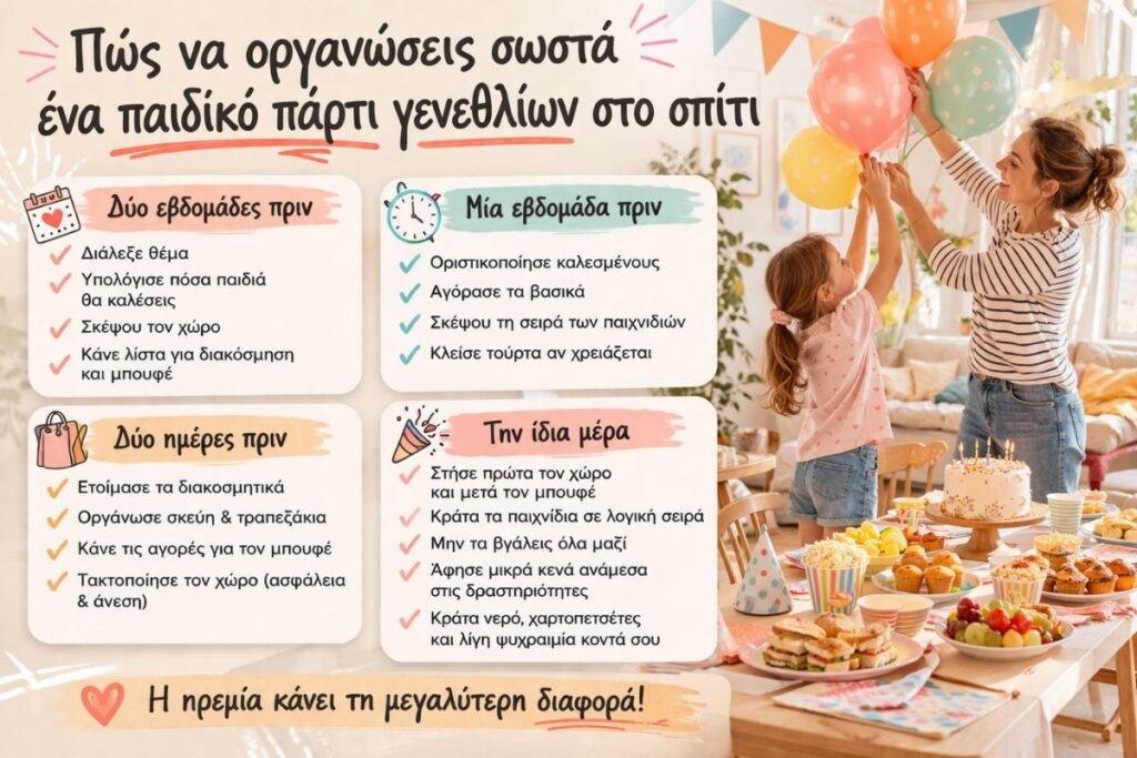 pos na organoseis paidiko party genethlion sto spiti Οργάνωση παιδικού πάρτι γενεθλίων στο σπίτι με απλό πλάνο προετοιμασίας, διακόσμηση, μπουφέ και στημένο χώρο πριν την έναρξη του πάρτι