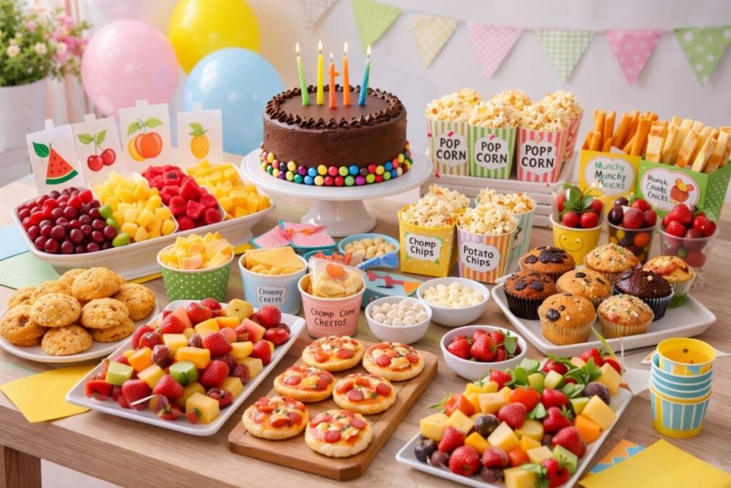 prototypes alla aples idees gia ton paidiko boufe Παιδικός μπουφές στο σπίτι με τούρτα στο κέντρο, φρούτα σε χρωματικές ομάδες, ατομικά σνακ, popcorn, muffins και χαρούμενα χρώματα πάρτι