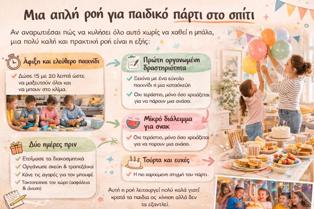 roi gia paidiko party sto spiti idees Απλή ροή παιδικού πάρτι στο σπίτι με δραστηριότητες, παιχνίδια, σνακ και τούρτα σε οργανωμένη σειρά για ομαλή εξέλιξη του πάρτι