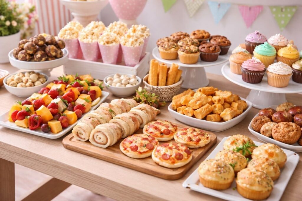 ti fagita na valeis se paidiko parti xoris yperparagogi Μπουφές παιδικού πάρτι στο σπίτι με μικρά σάντουιτς, ατομικά πιτσάκια, τυροπιτάκια, φρουτοσουβλάκια, popcorn, muffins και cupcakes σε απλό και πρακτικό στήσιμο