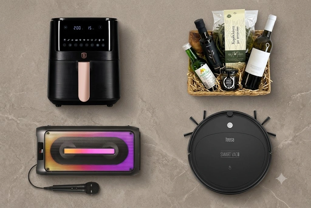 Πρωτότυπα δώρα γάμου: air fryer, ηχείο πάρτι με μικρόφωνο, ρομπότ σκούπας και καλάθι με ελληνικά προϊόντα