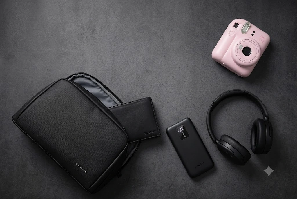 Οργανωτής, πορτοφόλι, power bank, ακουστικά και instant κάμερα για τη βαλίτσα διακοπών
