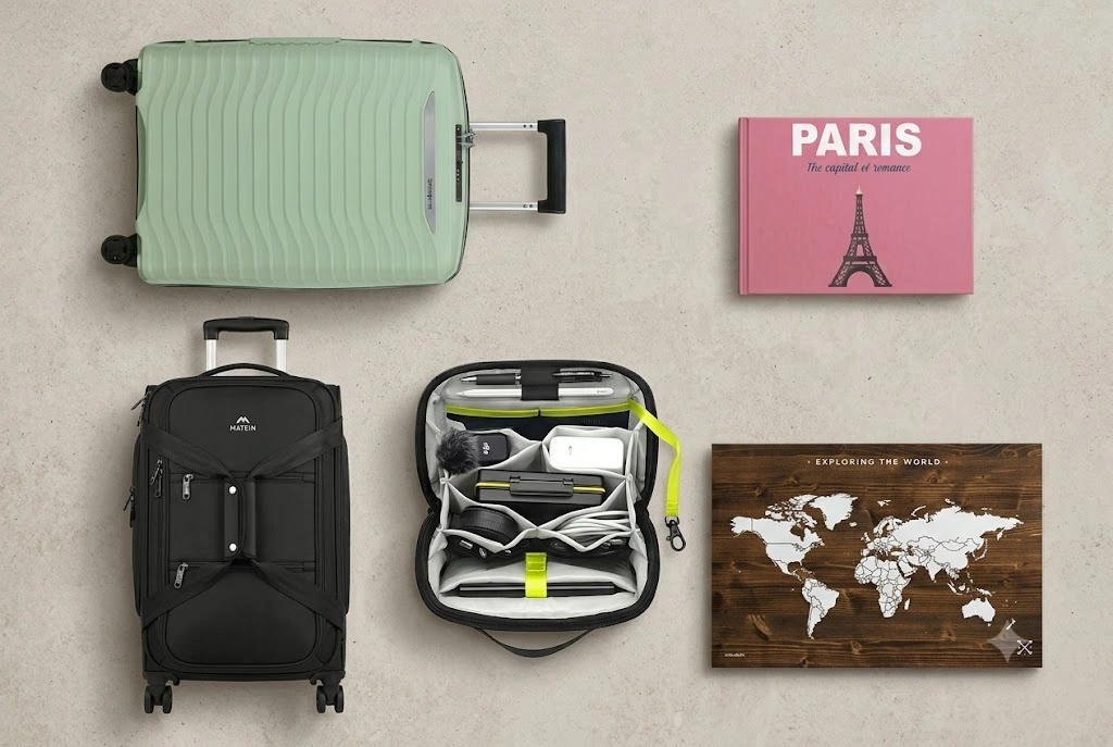 Δώρα για λάτρεις των ταξιδιών: βαλίτσα Samsonite, τροχοτσάντα Matein, οργανωτής αξεσουάρ, photobook Παρίσι και ξύλινος παγκόσμιος χάρτης