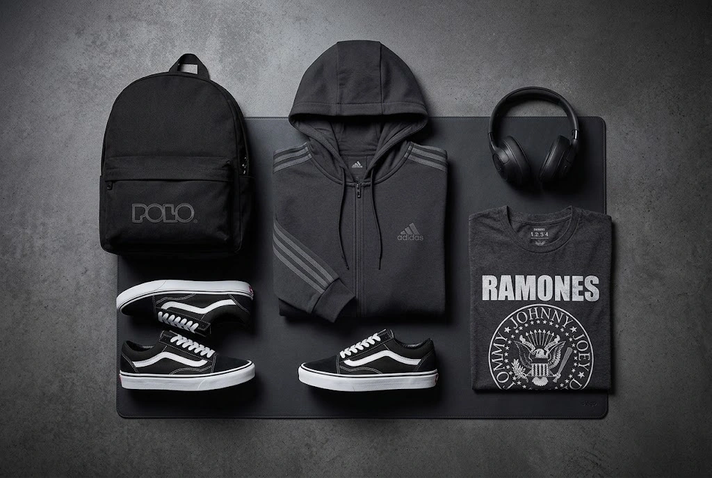 Σακίδιο Polo, φούτερ Adidas, sneakers Vans και ακουστικά JBL σε σκούρο φόντο, δωράκια για έφηβο στο σχολείο