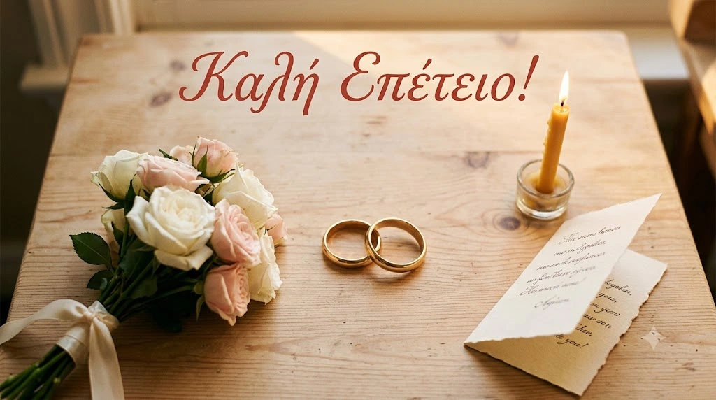 Ευχές για επέτειο γάμου με βέρες, λουλούδια και το μήνυμα Καλή Επέτειο
