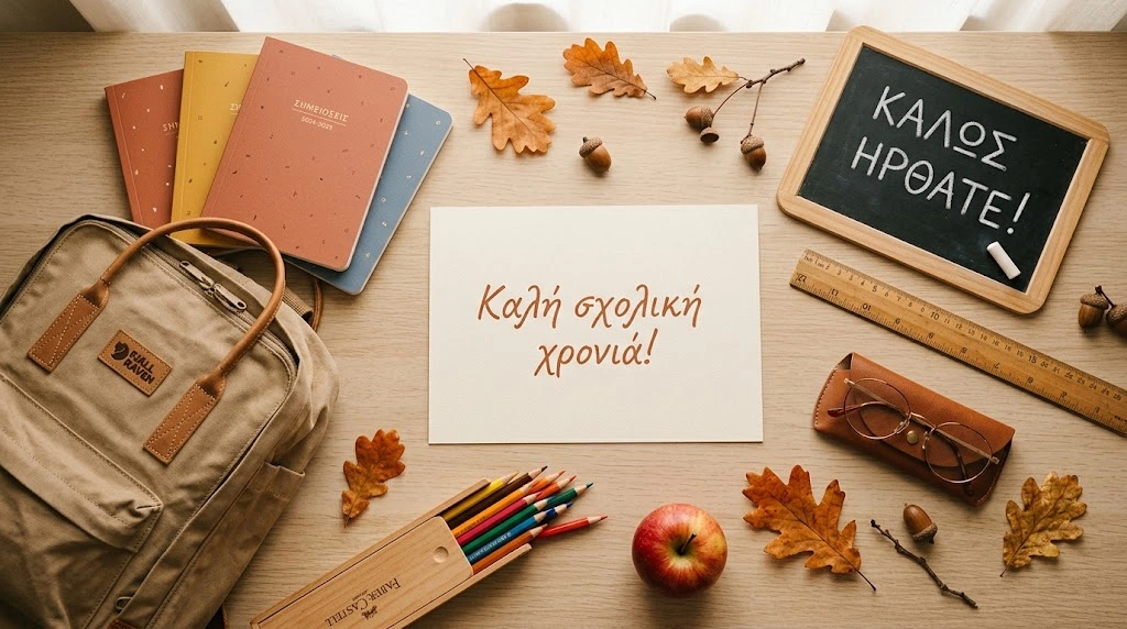 Ευχές για καλή σχολική χρονιά σε κάρτα με σχολική τσάντα και βιβλία