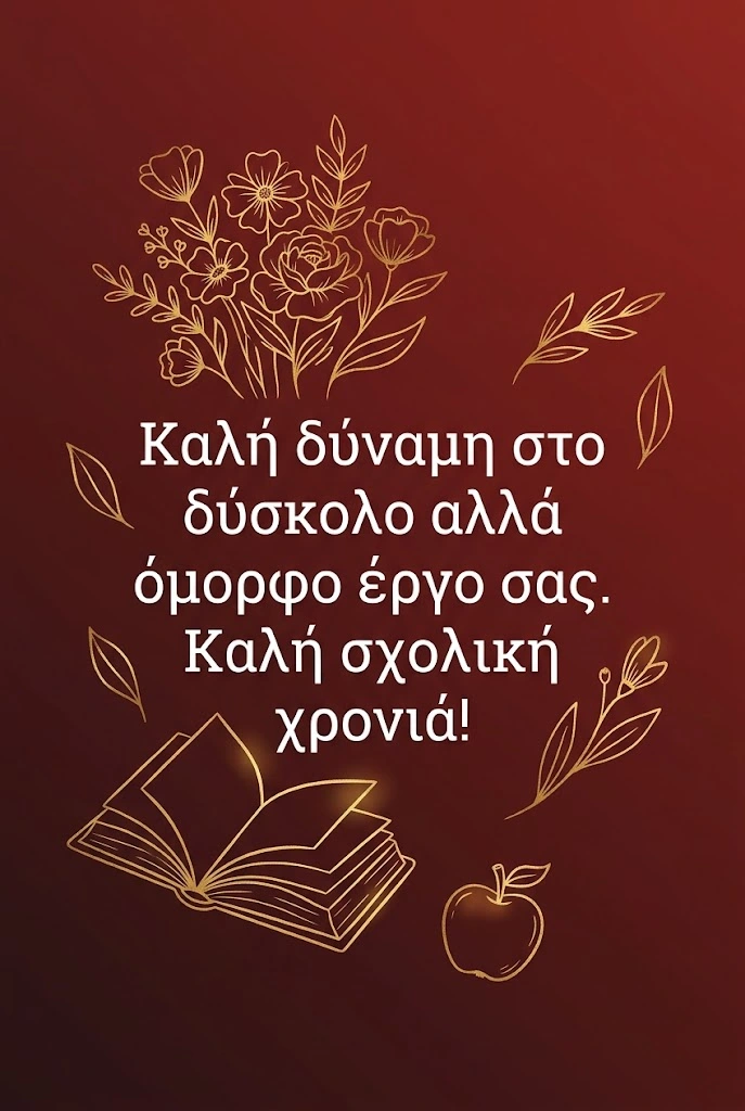 Ευχή σε δασκάλα για καλή σχολική χρονιά, με λουλούδια και βιβλία σε illustrated στυλ