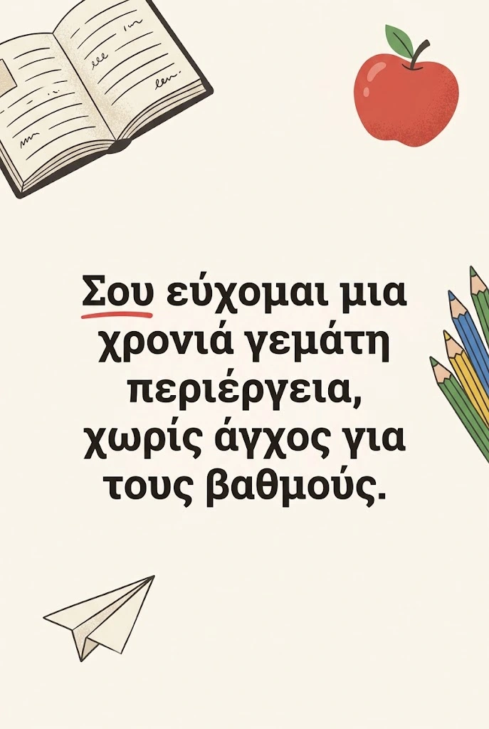 Μαθητής διαβάζει ευχή για καλή σχολική χρονιά δίπλα σε βιβλία και μολύβια
