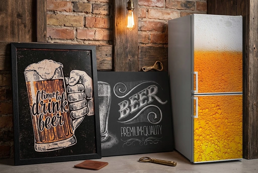 Ρετρό διακοσμητικά με θέμα μπύρα σε στυλ vintage μπαρ: μεταλλικός πίνακας και πίνακας σε καμβά