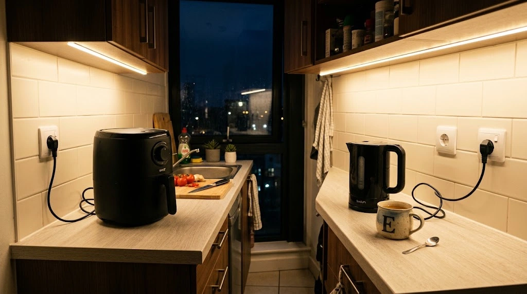Air fryer και βραστήρας σε ξεχωριστές πρίζες σε πάγκο φοιτητικού σπιτιού