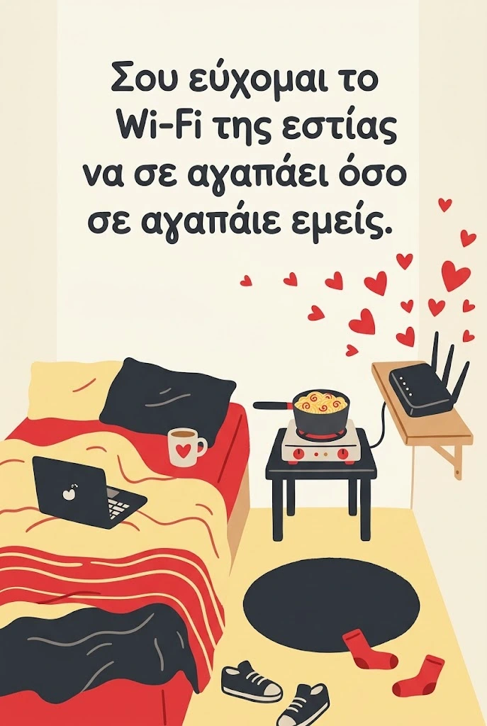 Αστεία ευχή για φοιτητή με router που βγάζει καρδιές σε δωμάτιο εστίας