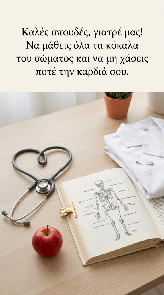 Στηθοσκόπιο σε σχήμα καρδιάς δίπλα σε βιβλίο ανατομίας για φοιτητή Ιατρικής