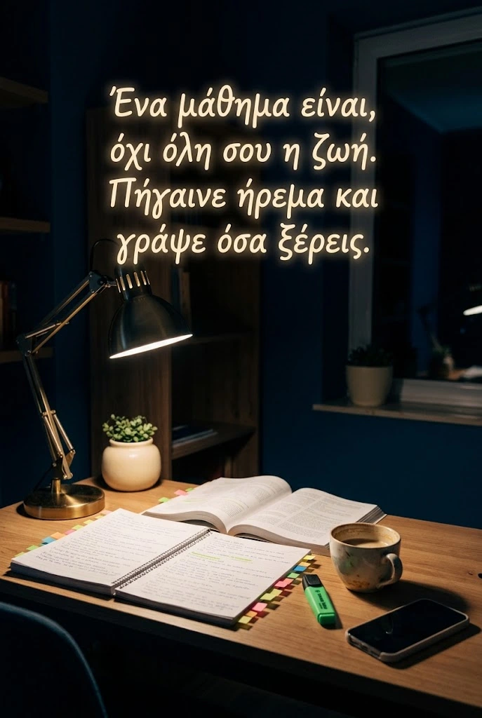 Γραφείο φοιτητή τη νύχτα με σημειώσεις και καφέ, ευχή για καλή εξεταστική