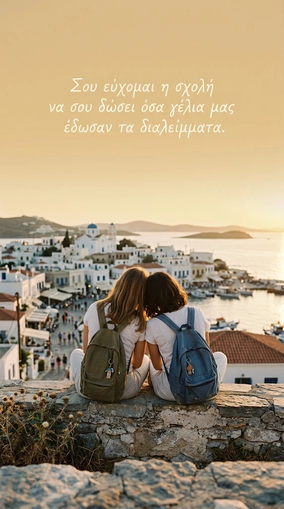 Δύο κολλητές κοιτάζουν την πόλη στο ηλιοβασίλεμα πριν χωρίσουν για σπουδές