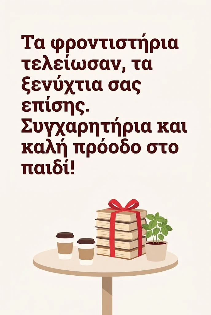 Ευχή στους γονείς του νέου φοιτητή με βιβλία φροντιστηρίου δεμένα με κορδέλα