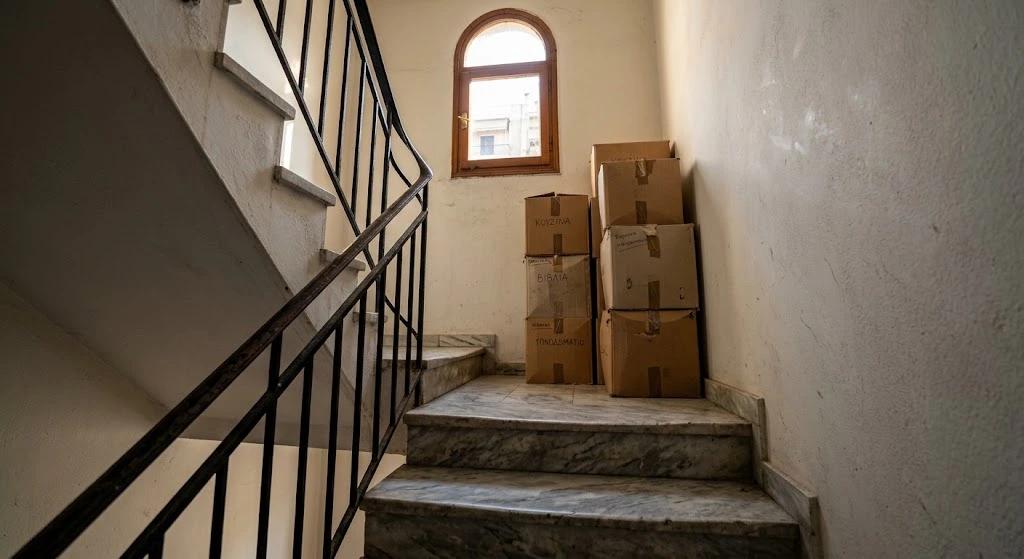 Κούτες μετακόμισης στο πλατύσκαλο πολυκατοικίας χωρίς ασανσέρ, παράγοντας που ανεβάζει το κόστος