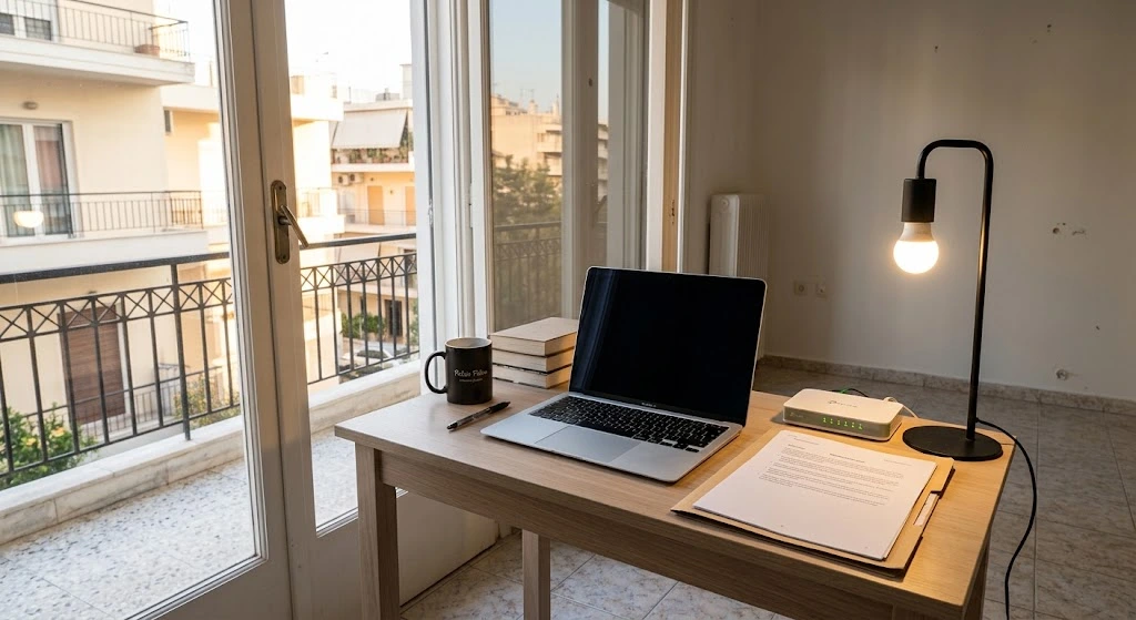 Γραφείο φοιτητή με laptop, φάκελο εγγράφων και router, για τα χαρτιά της πρώτης εβδομάδας