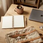 Γραφείο φοιτητή με σημειωματάριο, laptop και σακίδιο