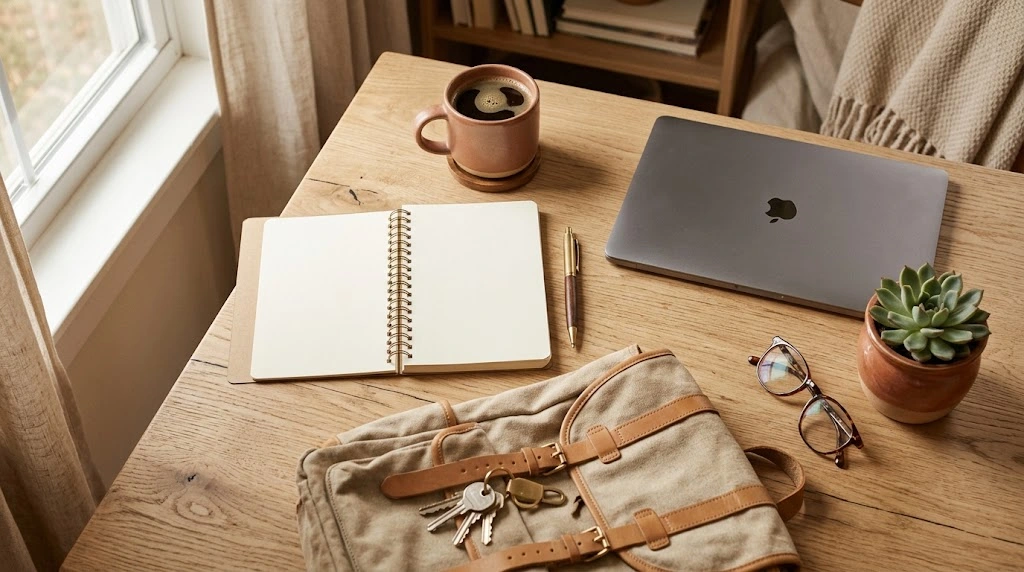 Γραφείο φοιτητή με σημειωματάριο, laptop και σακίδιο