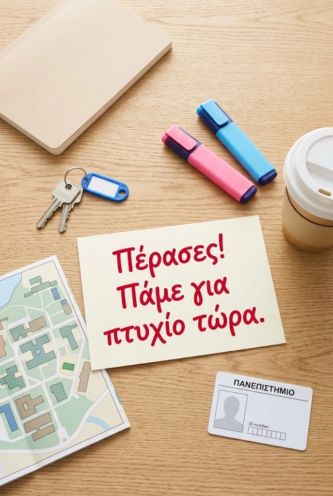 Σύντομη ευχή για φοιτητή γραμμένη σε κάρτα πάνω σε γραφείο με σημειωματάριο