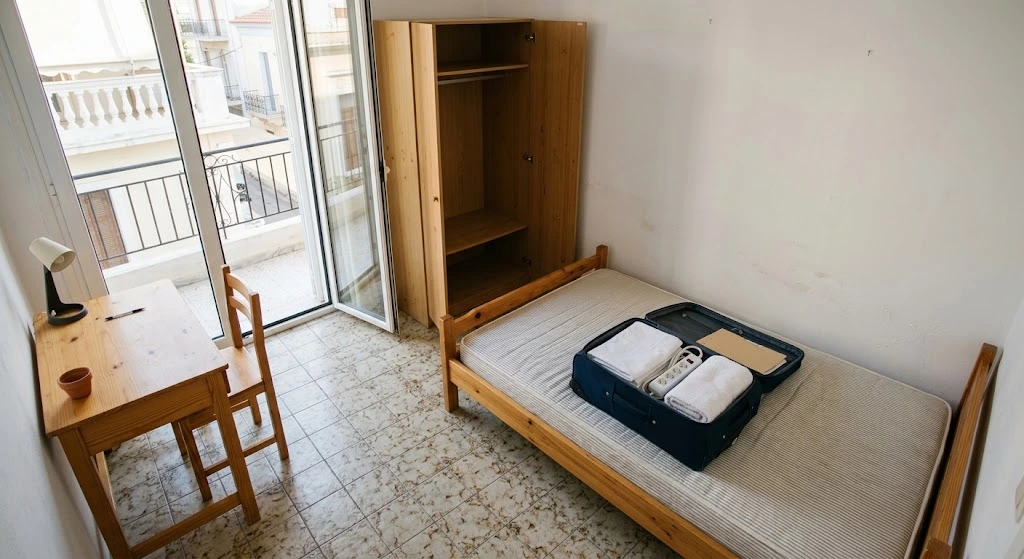Ανοιχτή βαλίτσα με σεντόνια, πετσέτα και πολύπριζο πάνω σε κρεβάτι επιπλωμένου φοιτητικού δωματίου