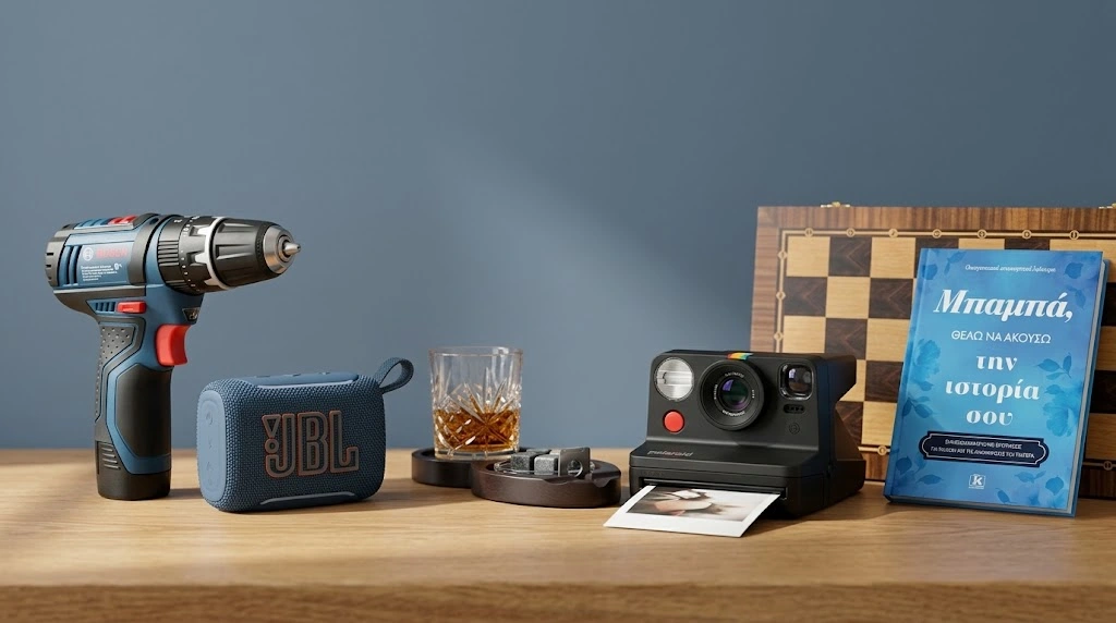 Δώρα για μπαμπά: δραπανοκατσάβιδο, ηχείο, Polaroid, σετ ουίσκι, τάβλι και φωτοβιβλίο σε ξύλινο τραπέζι