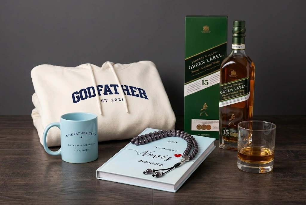 doro gia nono Κομπολόι, ουίσκι, ατζέντα και hoodie Godfather ως δώρο για νονό τα Χριστούγεννα