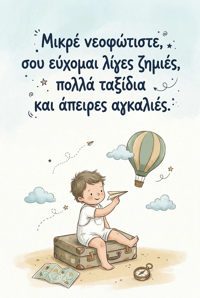 Εικονογράφηση με μικρό αγόρι και αερόστατο για ευχές βάπτισης αγοριού