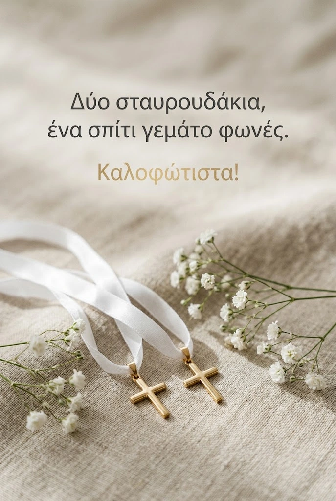 Δύο χρυσά σταυρουδάκια σε κορδέλες, ευχή για βάπτιση διδύμων