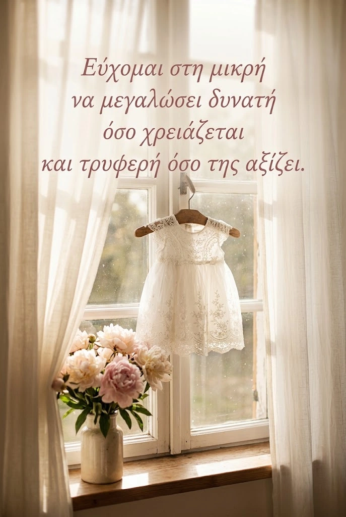 Λευκό φόρεμα βάπτισης δίπλα σε παράθυρο με παιώνιες και ευχή για τη μικρή
