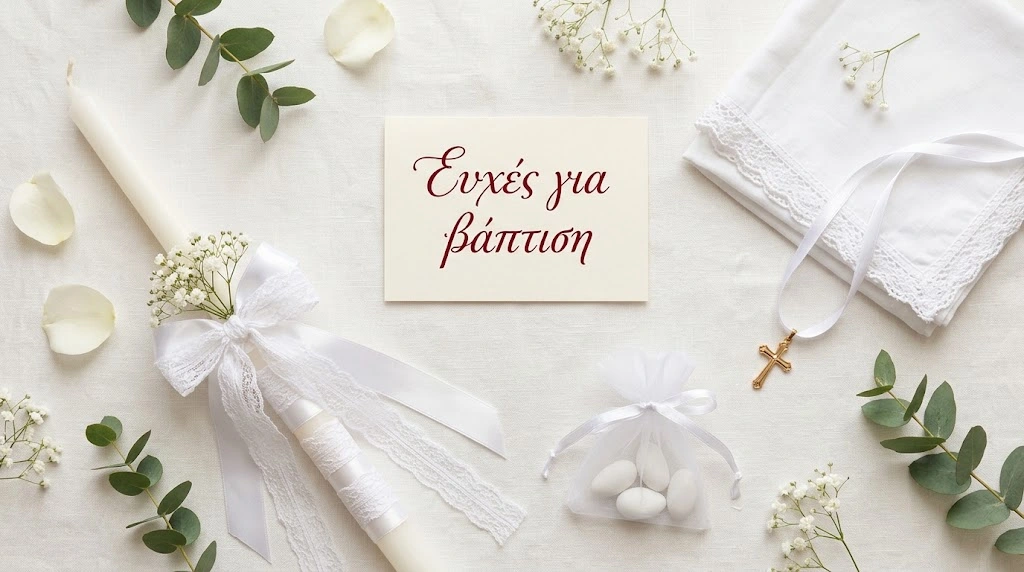 Λαμπάδα βάπτισης, σταυρουδάκι και κάρτα με ευχές για βάπτιση πάνω σε λευκό λινό