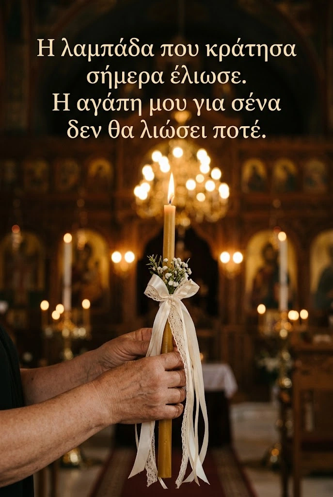 Χέρια νονάς κρατούν αναμμένη λαμπάδα με ευχή για το βαφτιστήρι