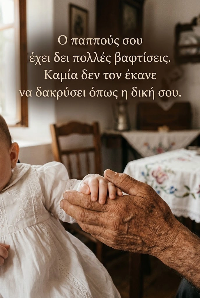 Το χέρι του παππού κρατά το χεράκι του εγγονιού την ημέρα της βάπτισης